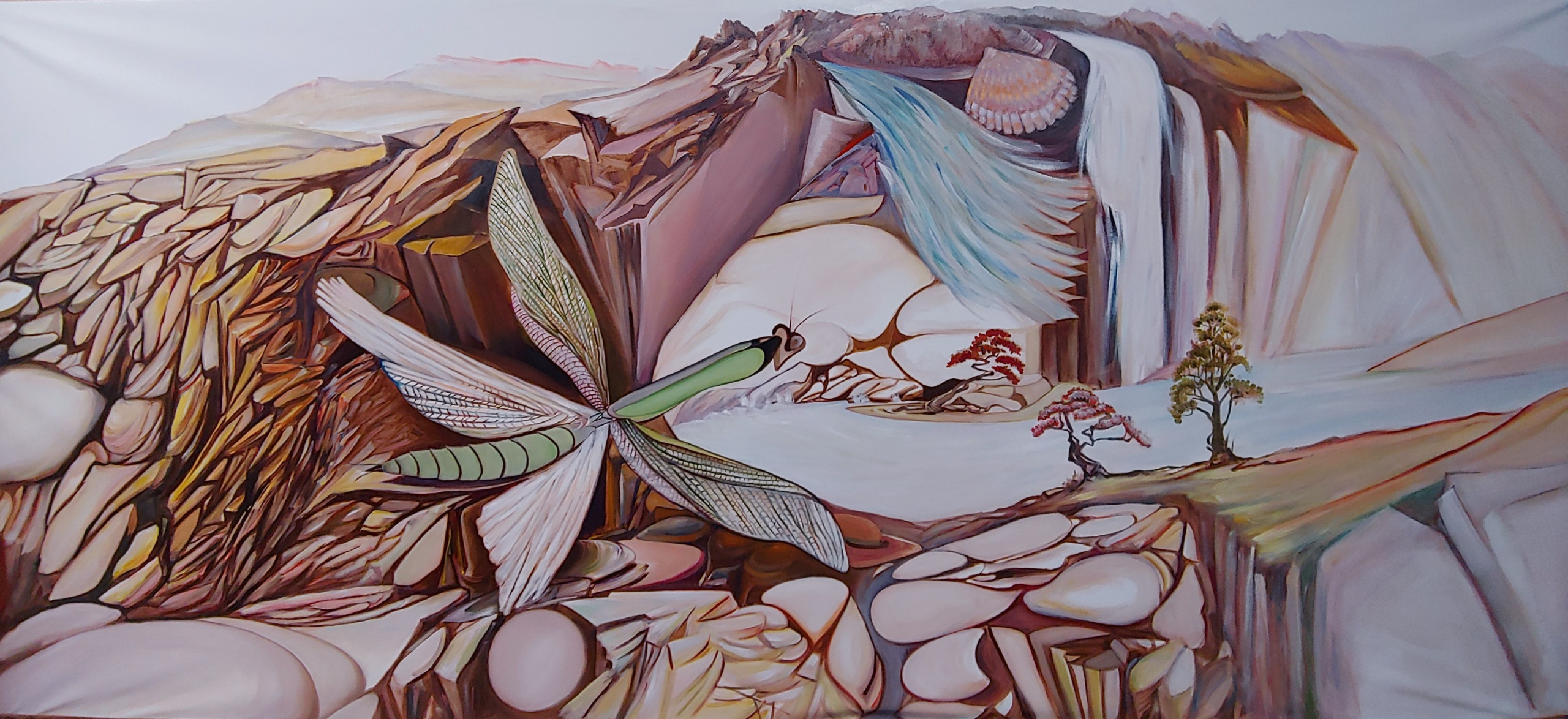 Painting of praying mantis looking out onto a sweeping mountain landscape