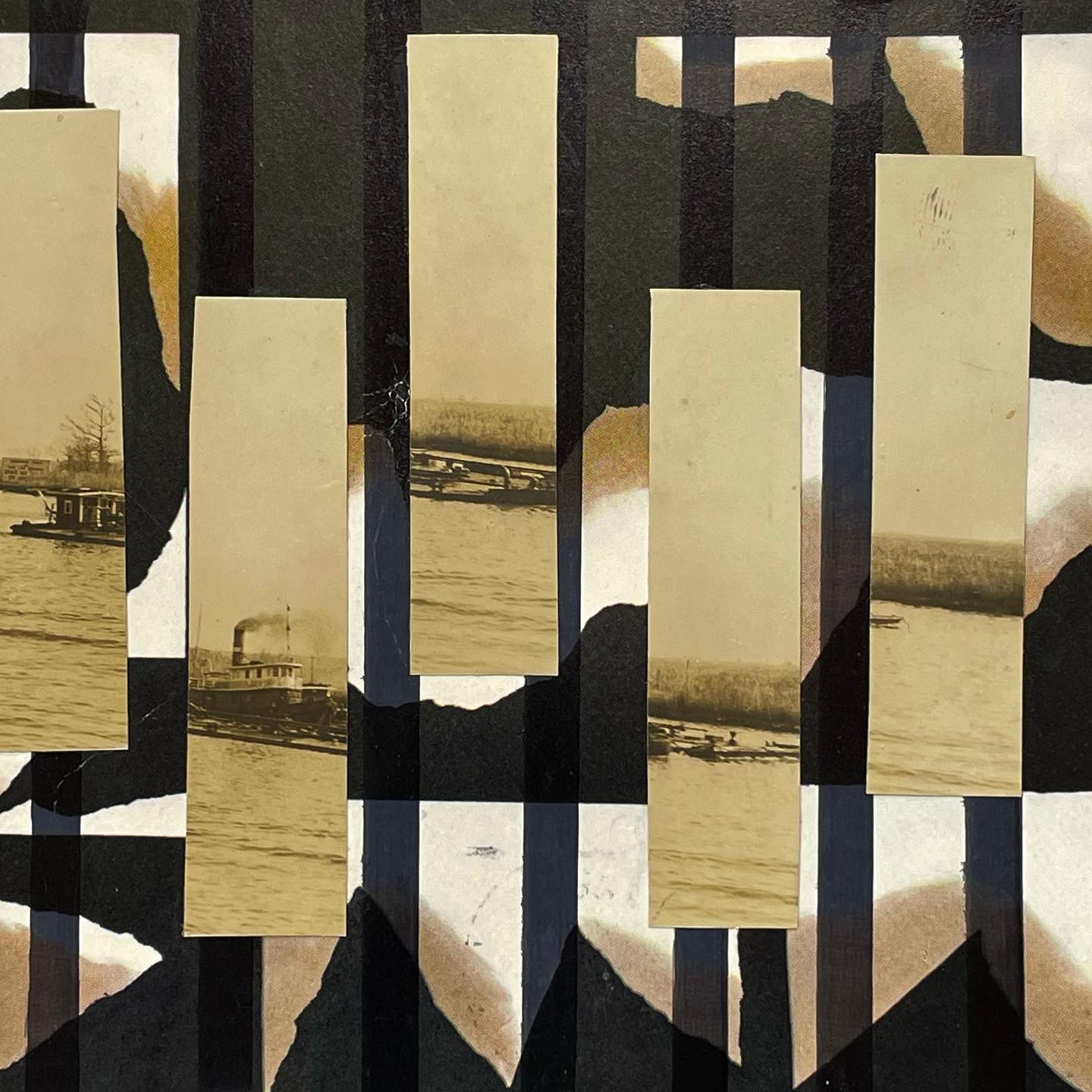 Composite of rectangular strips of photographs in muted tones, some featuring vessels on a body of water