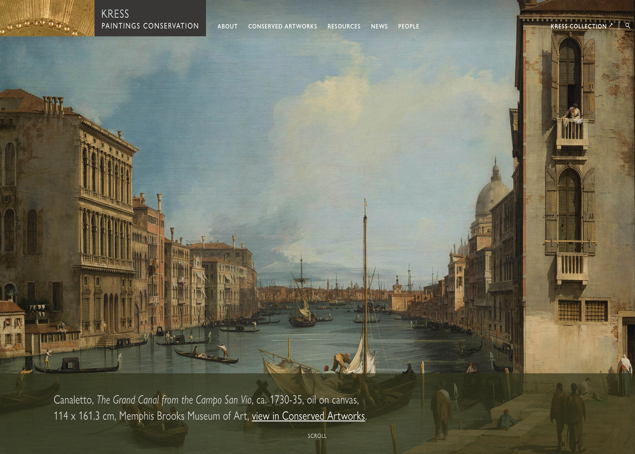 Web page with painting of boats on a canal running through a city