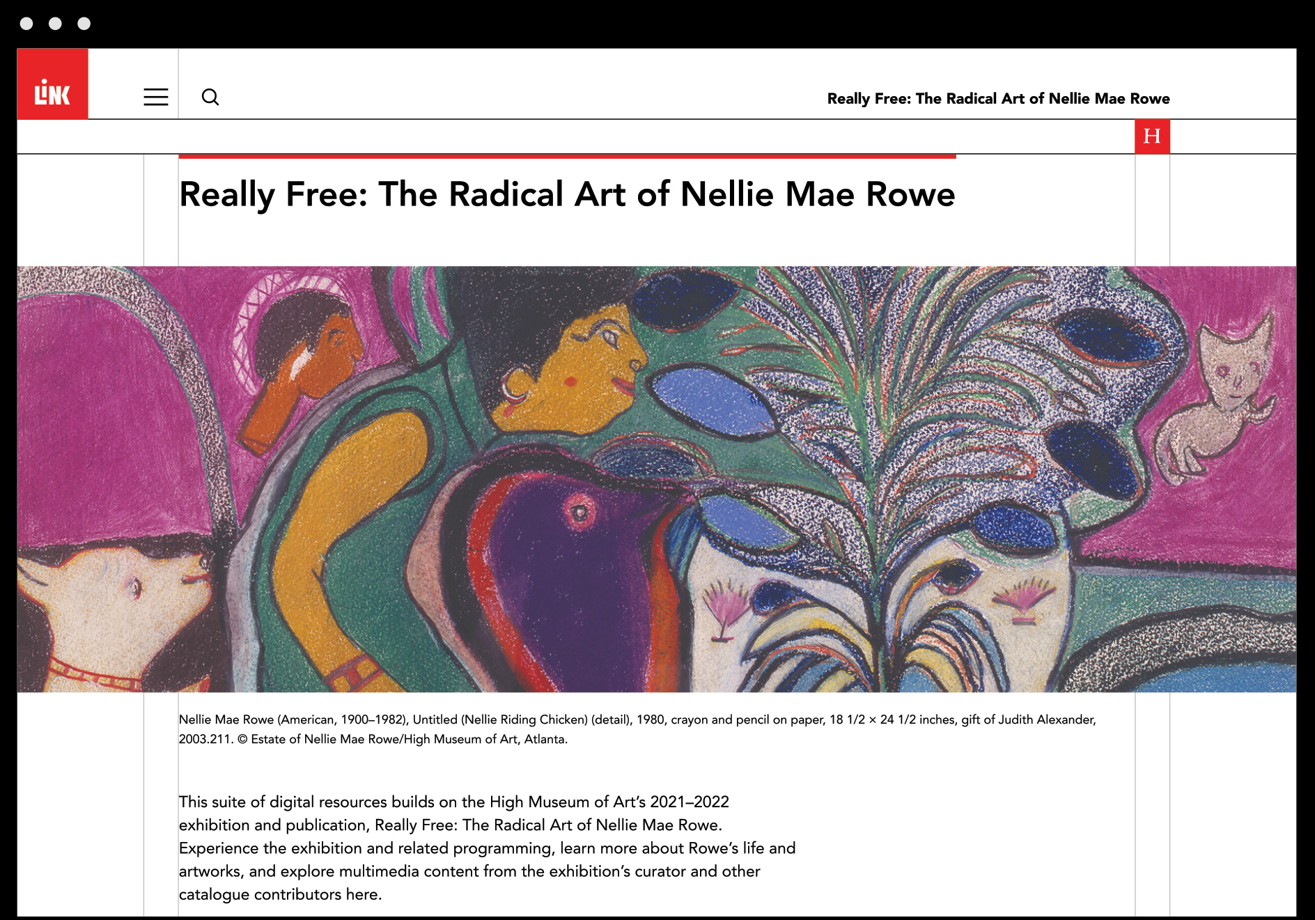 Screen capture of LINK platform showing an entry on Nellie Mae Rowe's art