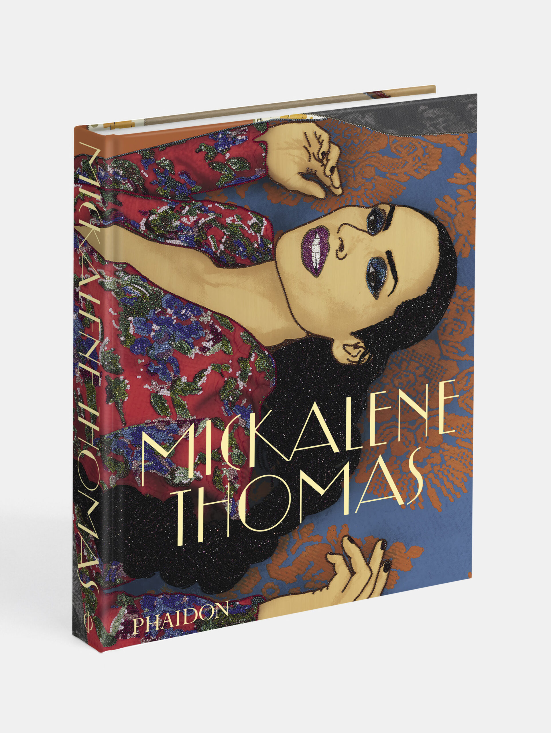 Book with cover art featuring dark-haired woman with golden brown skin and sparkling lips and teeth reclining in sequined flowered dress