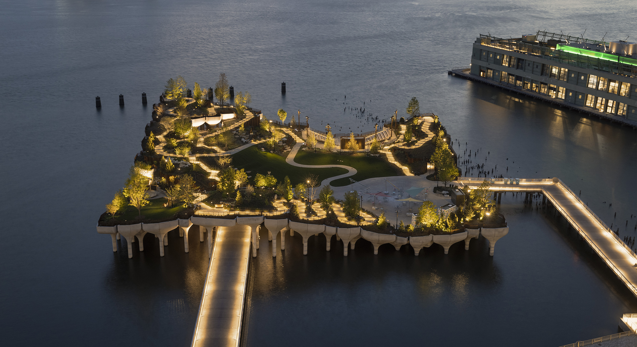 Little Island park illuminated at night