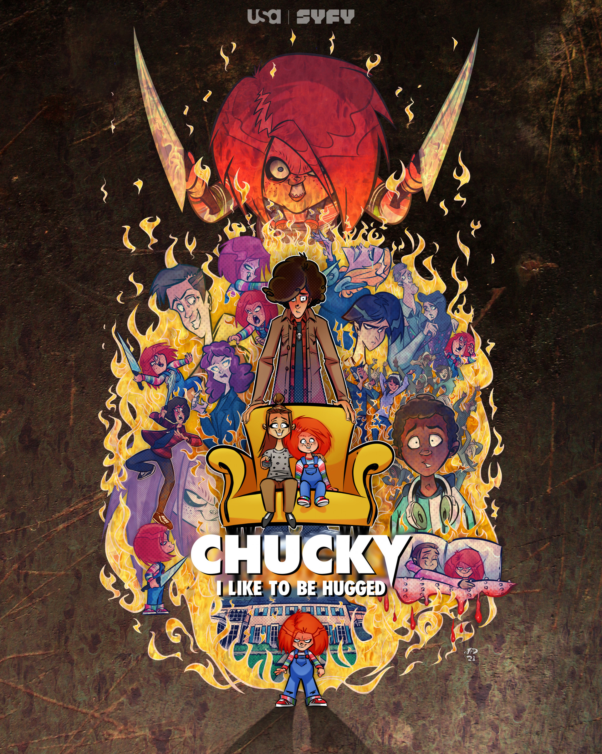 Poster with cartoon figures in various scenes from an animated program