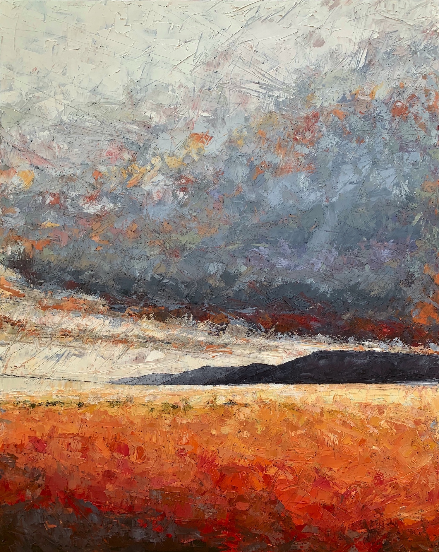 Painting in hashed strokes suggesting a red and orange field before a strip of gray hills and a gray darkening sky overhead