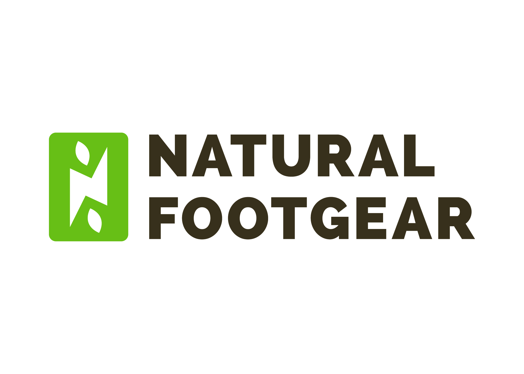 Logo for Natural Footgear in brown block type with sage green rectangle emblazoned with white N and two small elliptic leaf shapes