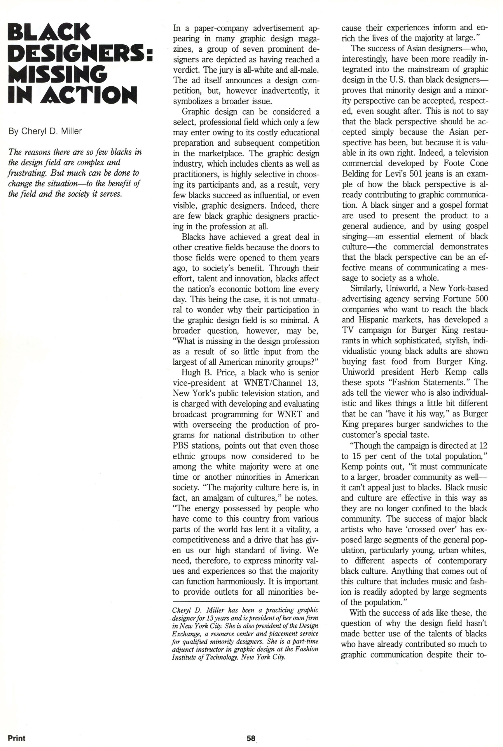 Opening page of Cheryl D. Miller’s article Black Designers: Missing in Action with title set in bold to the left of two columns of text