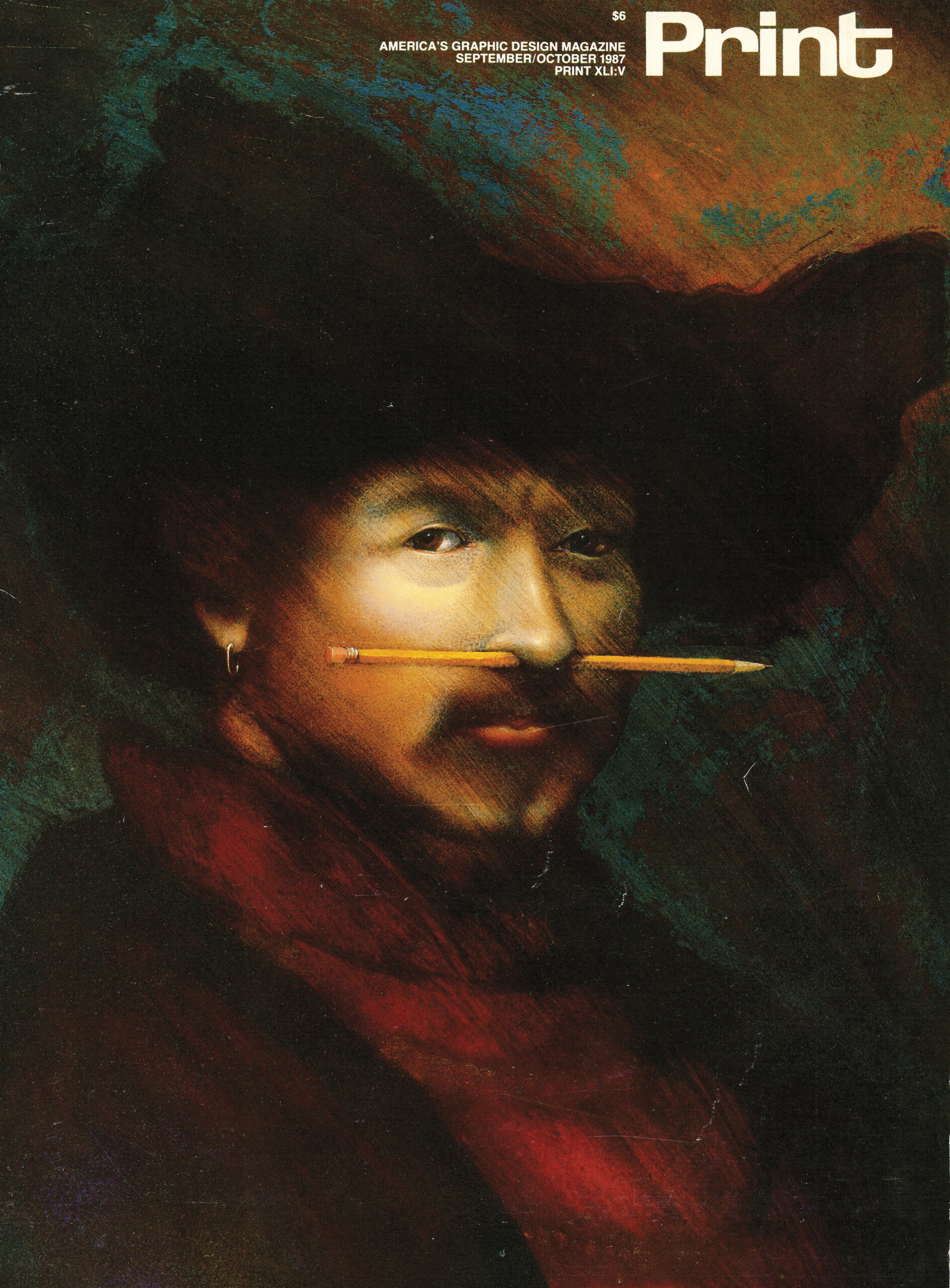 Painted portrait of person with brown eyes, mustache, and goatee, swooping black hat, gold earring, and draped red blouse with pencil piercing the subject’s nose