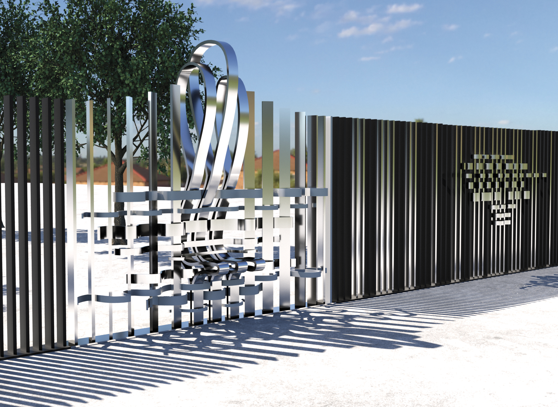 Slatted fence with woven reflective metal insertion that extends out in the center to form seats