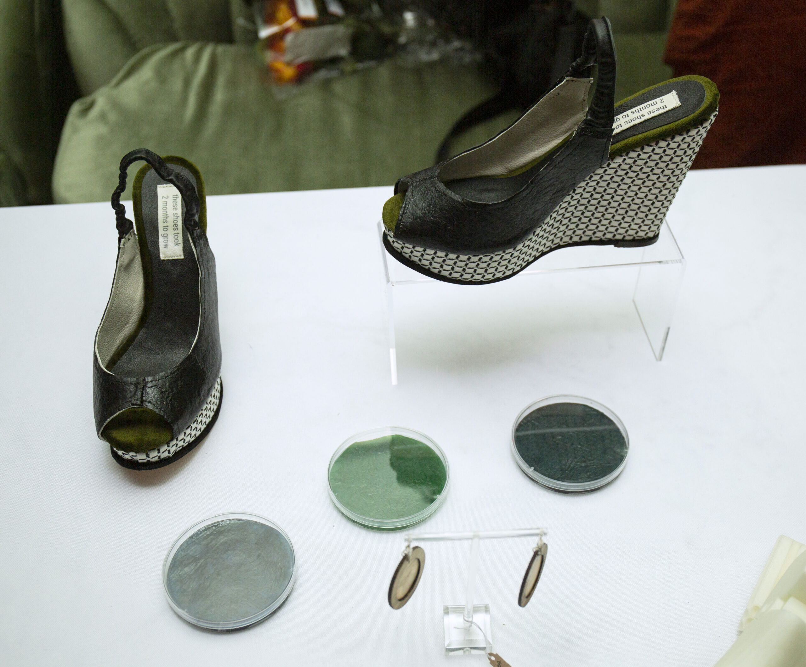 Black platform sandals arranged on a display table with three petri dishes full of green material
