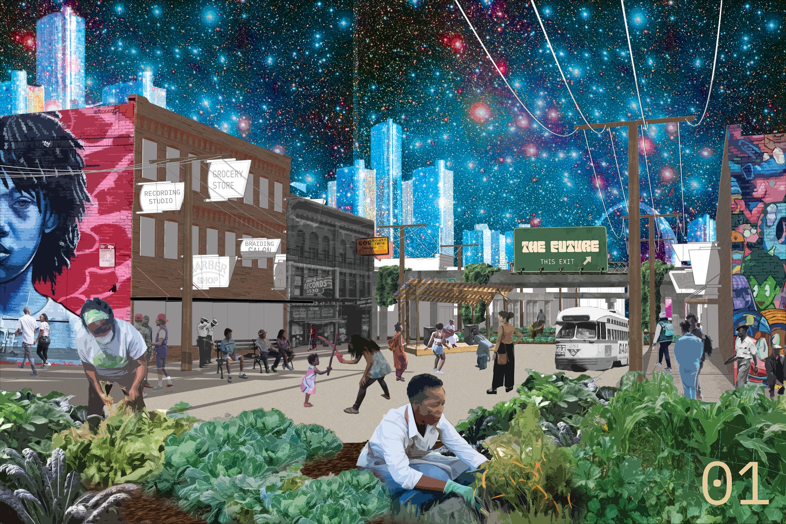 People with brown skin of different ages tend gardens, play, stroll, and relax in a public square under a vibrantly colored starry sky, city skyscrapers in the background