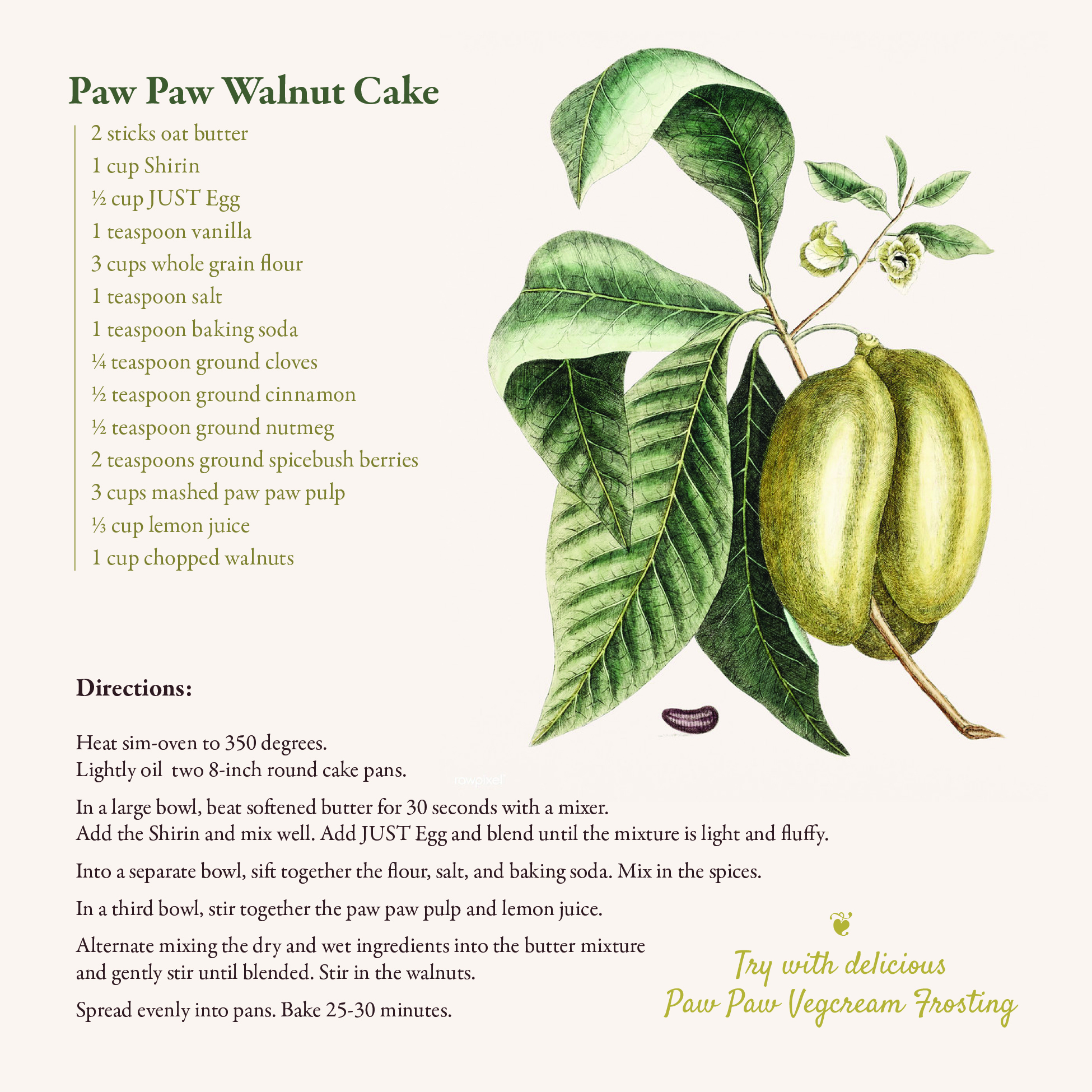 Recipe for Paw Paw Walnut Cake including real and fictional ingredients and botanical illustration of golden fruit with folded ovate-shape green leaves