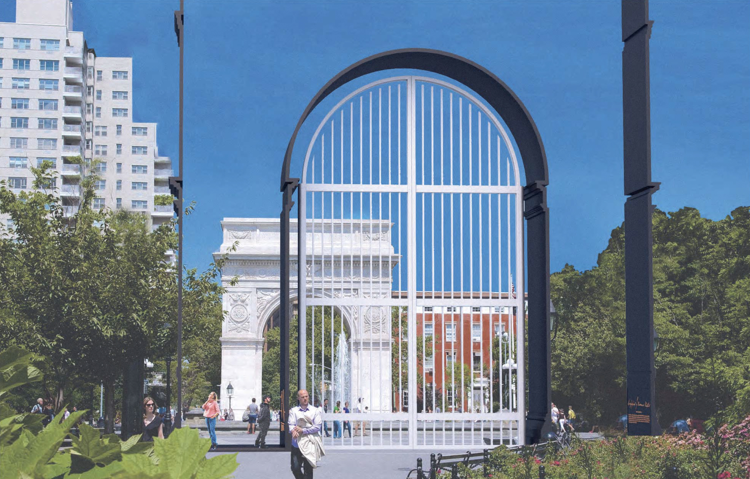 Black and white gated arch stands across the square from white marble arch in a tree lined square