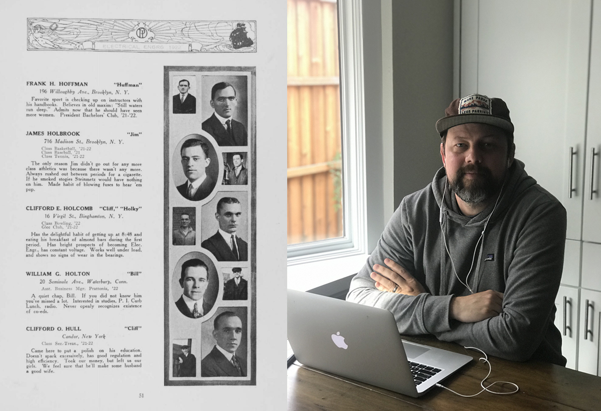 An adult student in his remote-study space on the right and a page from the 1922 Prattonia yearbook featuring the student’s great-grandfather on the left