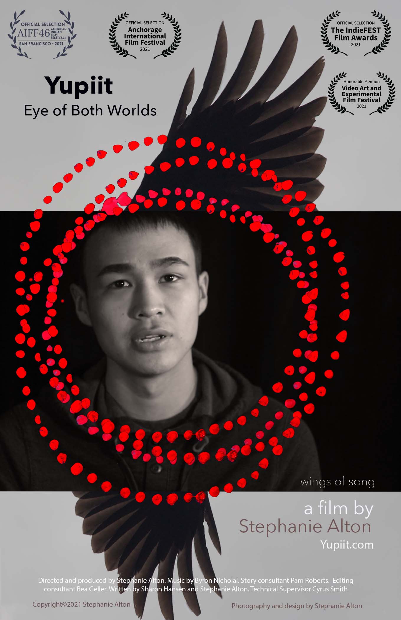 Film poster with young person's portrait framed in feathers and circles of red dots