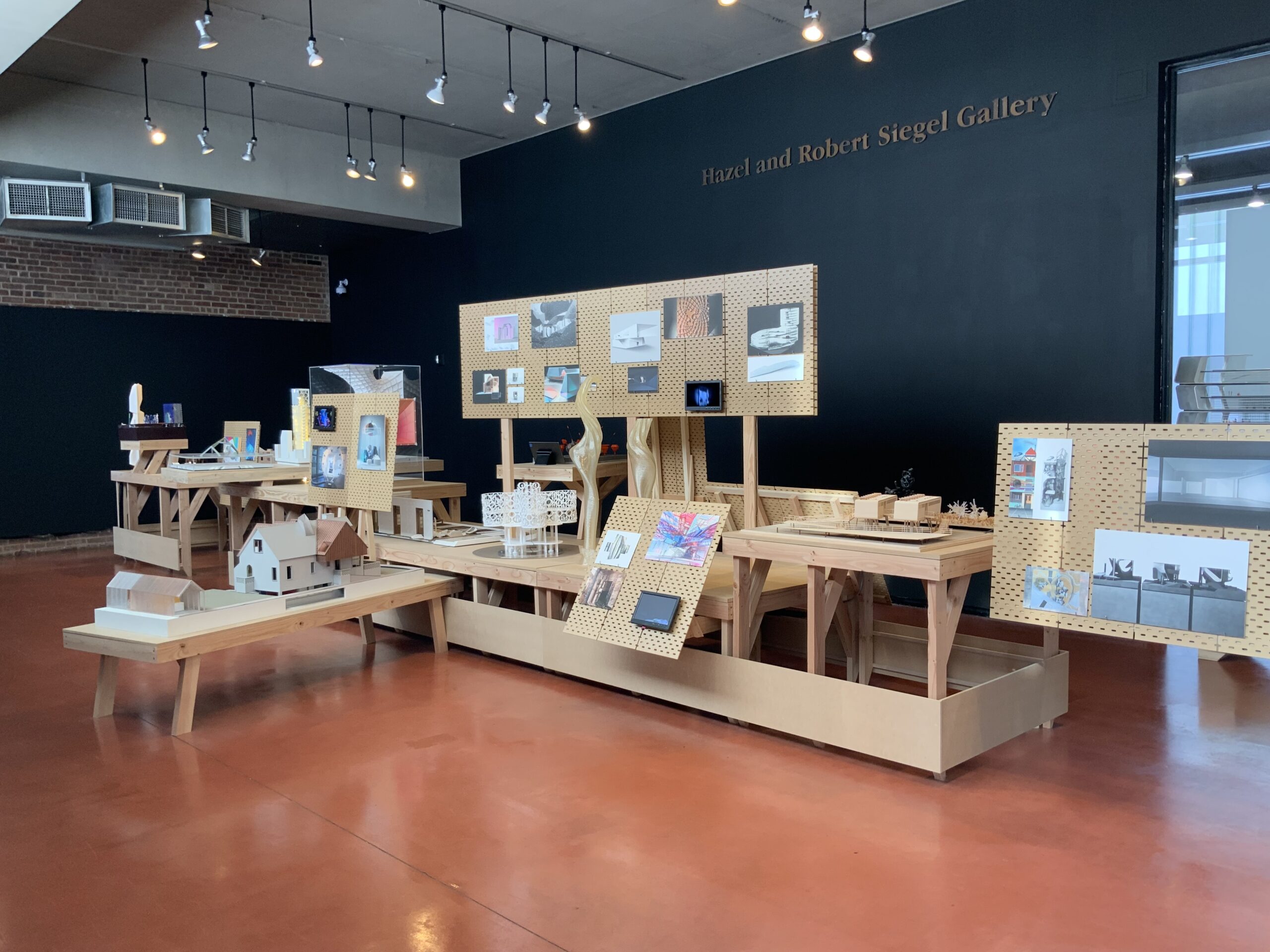 Installation of architectural models in Hazel and Robert Siegel Gallery at Pratt Institute