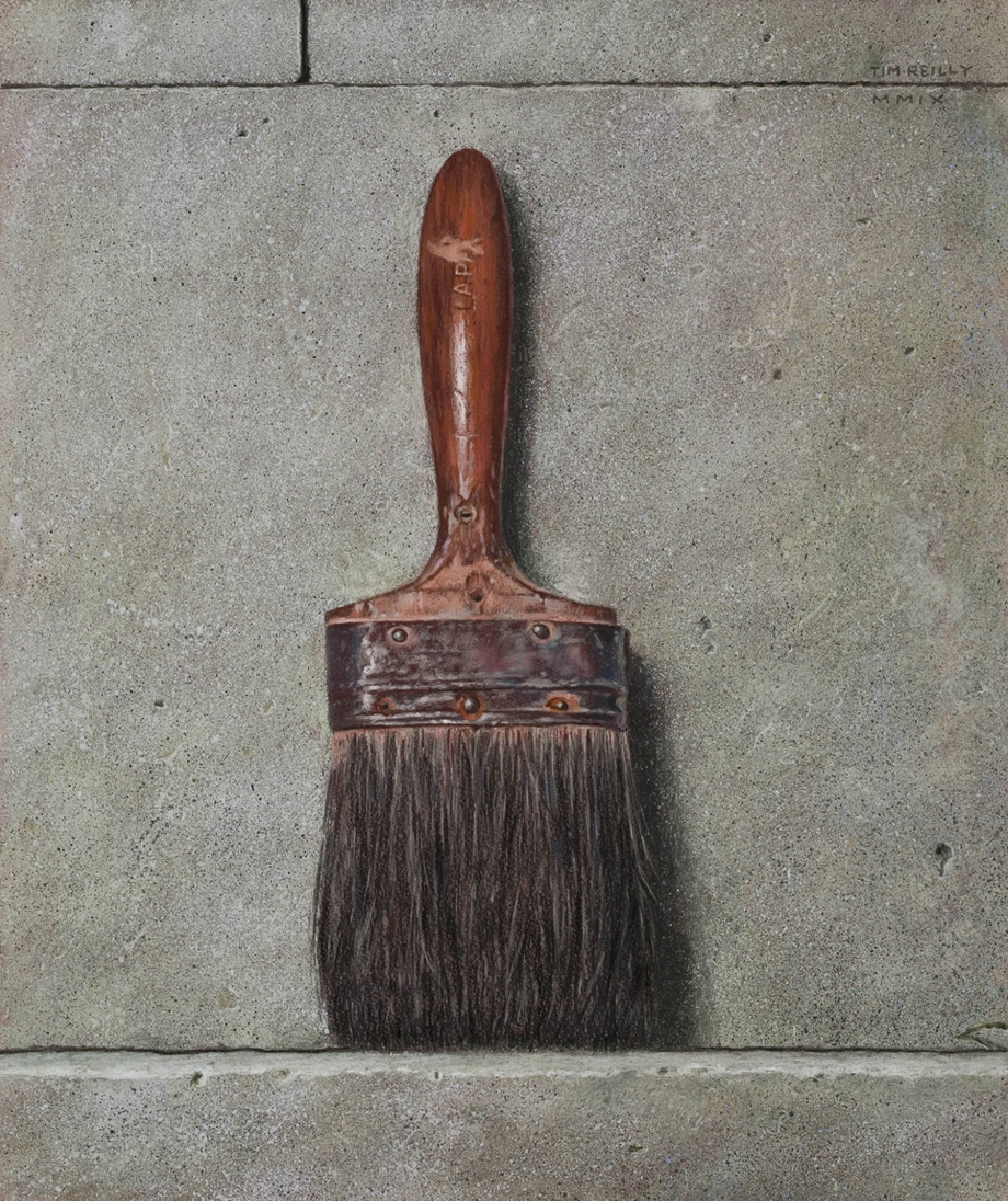 Realistic painting of square brush against cement blocks