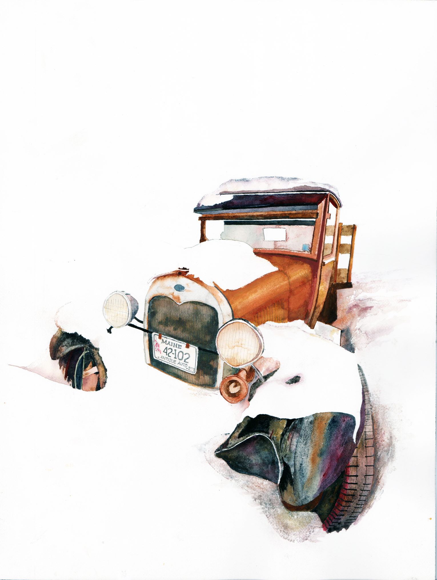 Painting of a rust-brown antique truck surrounded by snow, with license plate reading Maine Antique Auto