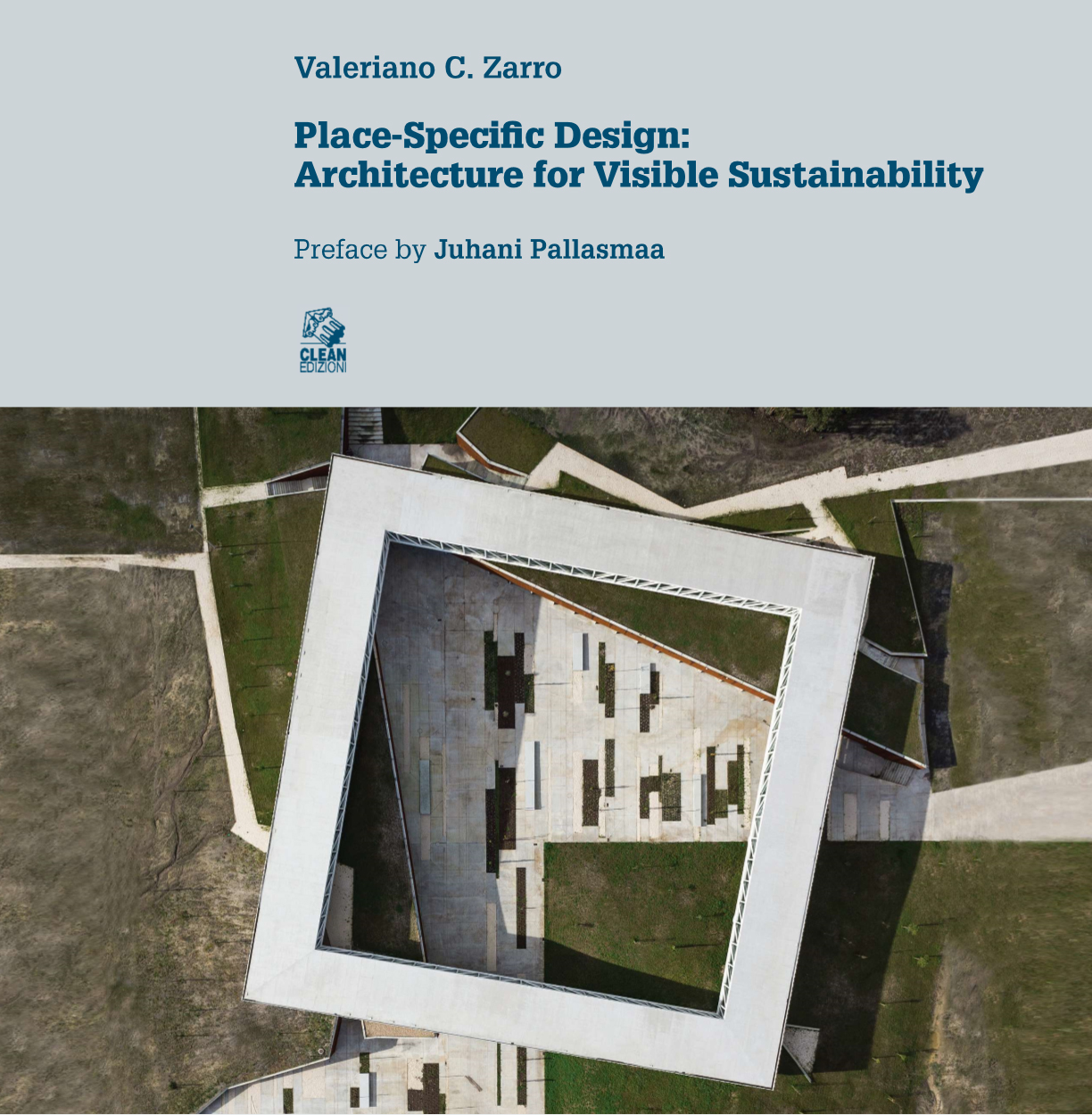 Book cover showing aerial view of square structure with open center situated among green fields