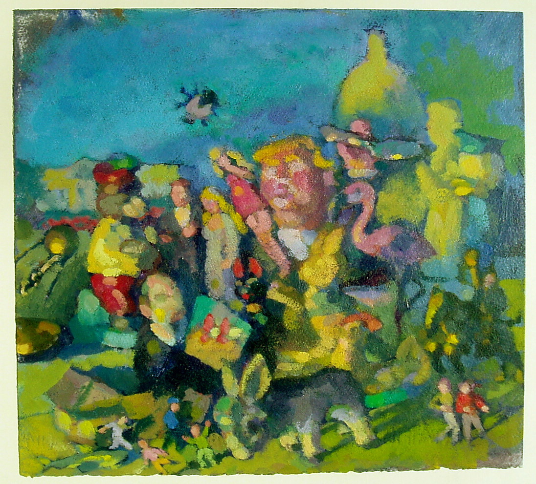 Impressionistic painting of figures in a green landscape in front of the US Capitol, with a pink-skinned couple in wedding garb attended by various people and animals including a pink flamingo, a donkey, and the enlarged figure of the 45th US president