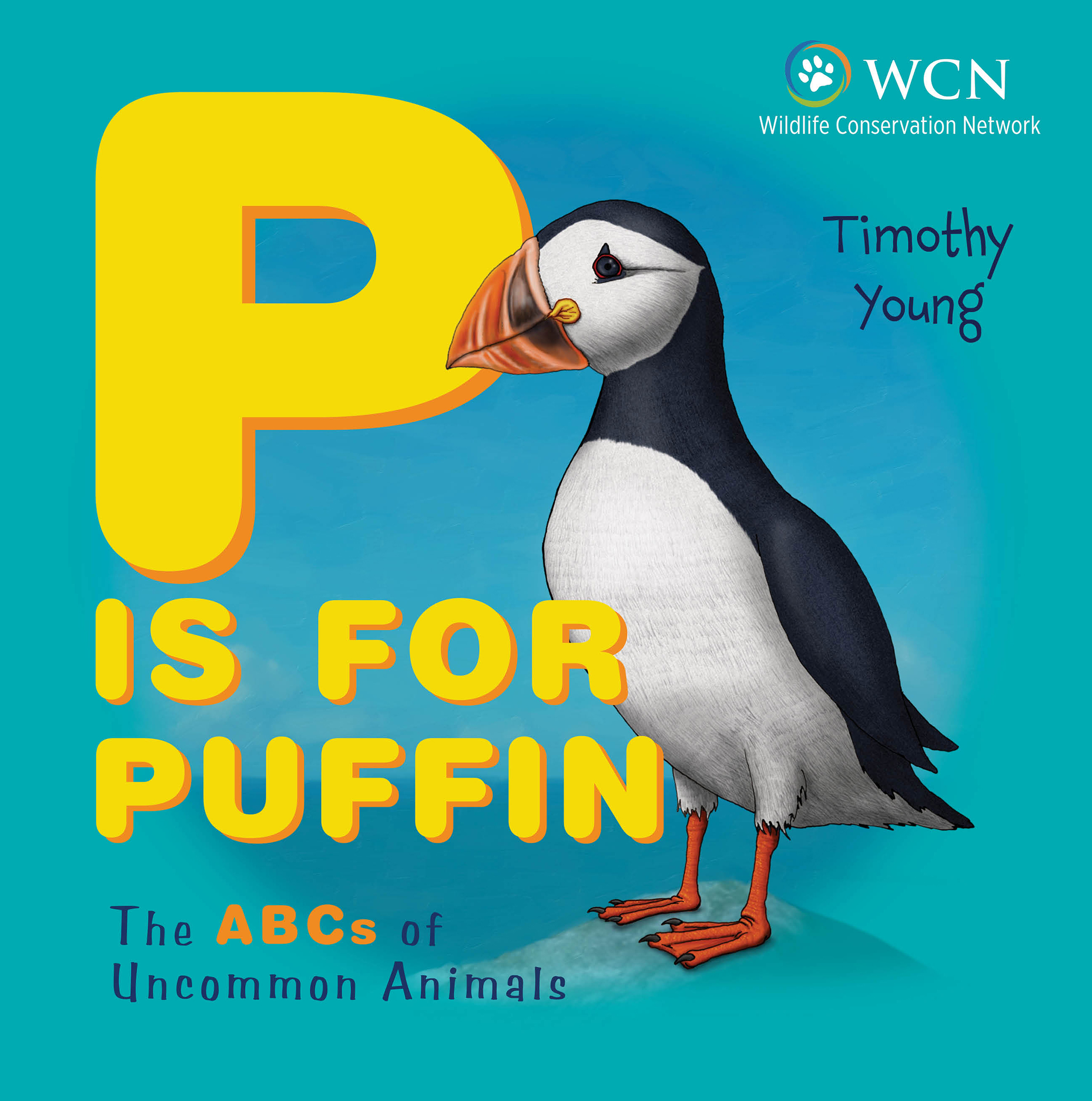 Cover of the book P is for Puffin, showing a detailed illustration of a smiling puffin against a sea-green background