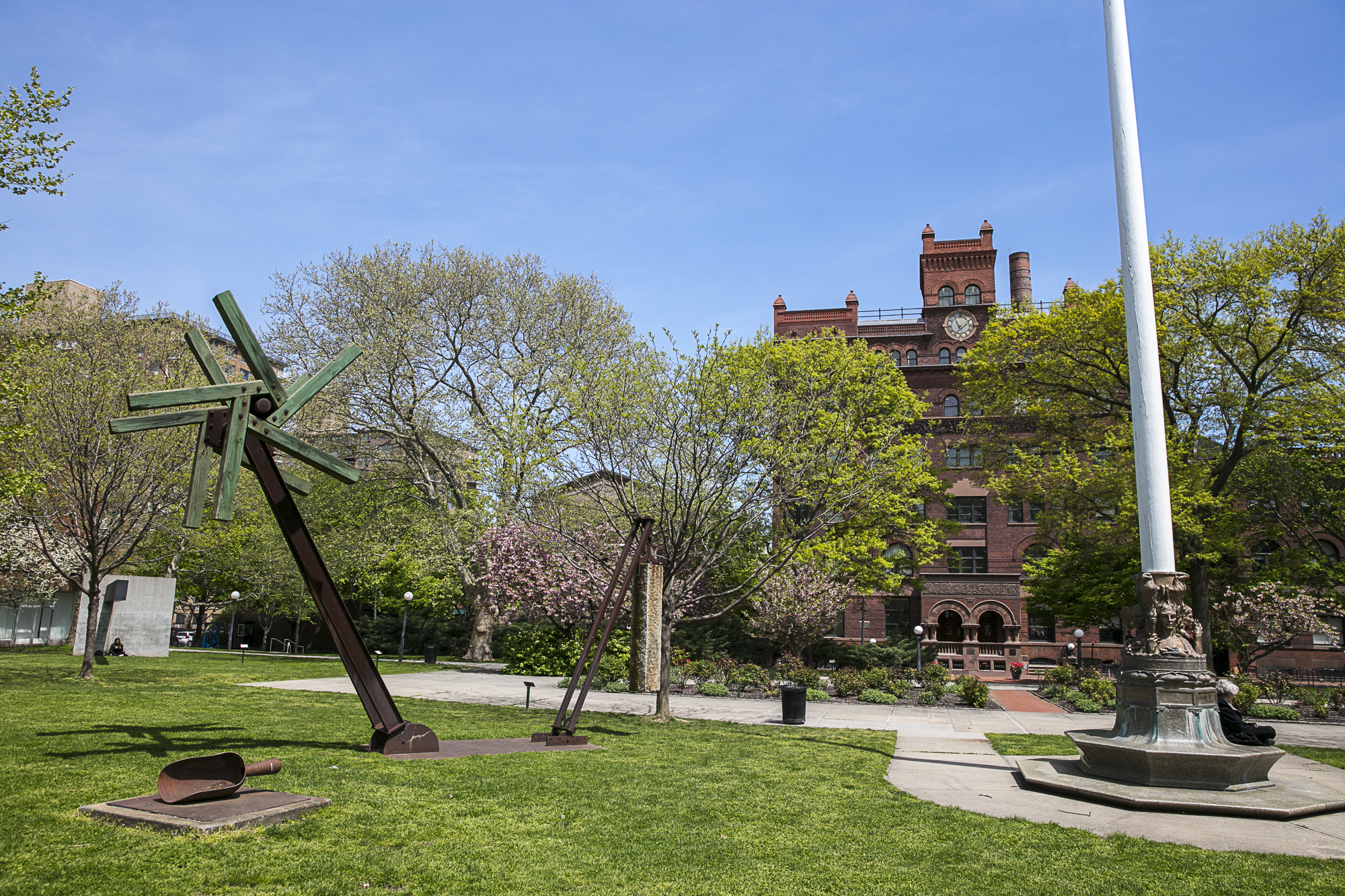 photo of pratt campus, sculptures on lawn