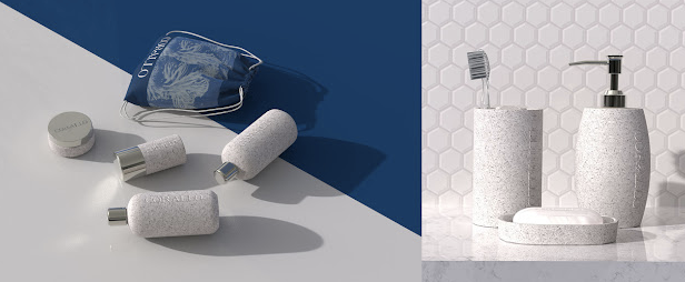 Small toiletries containers spread on a surface with blue branded bag reading Corallo and