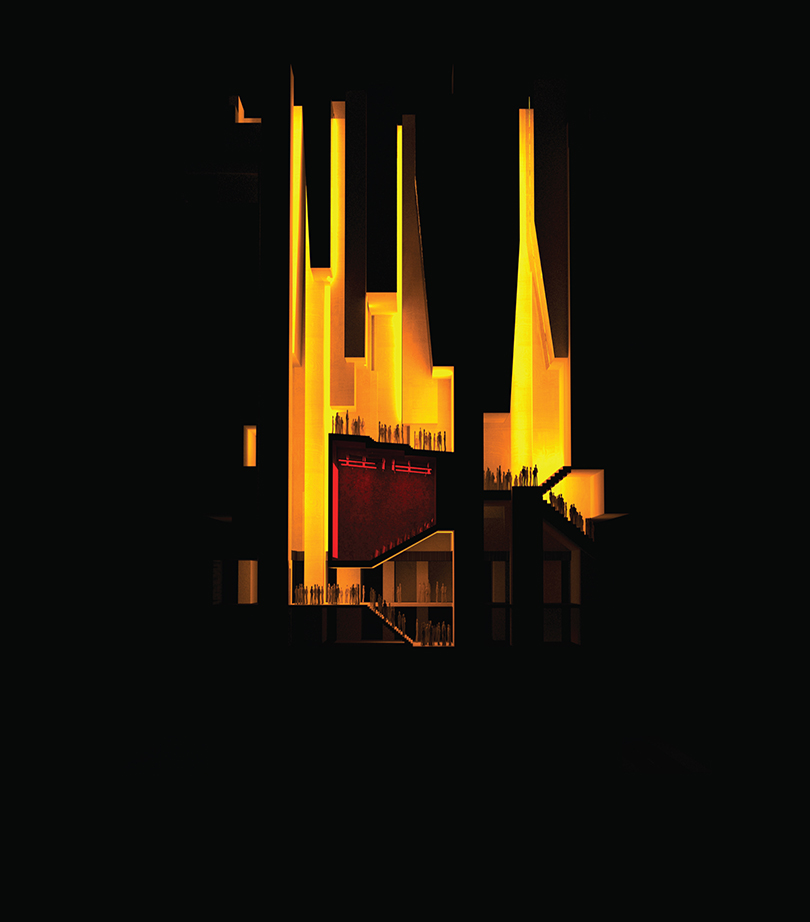 Sideview cutout of an architectural render showing a multi-level building with various rooms and people walking throughout