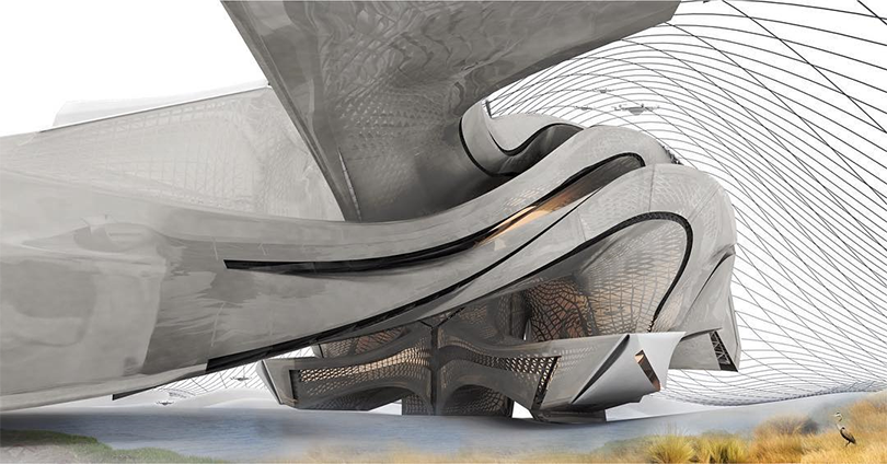 Morphological 3D render of a building designed to coexist with its environment