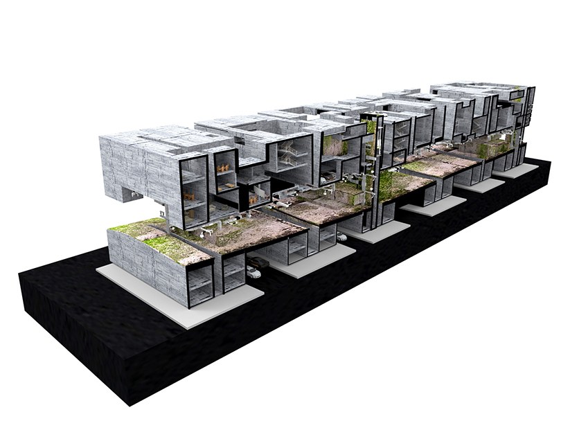 Sideview cutout of an architectural render showing a multi-level building with various rooms. The render stands in a pure white background.