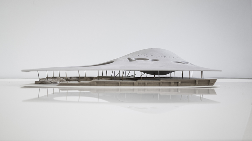 Side view of an architectural rendering placed on a white background