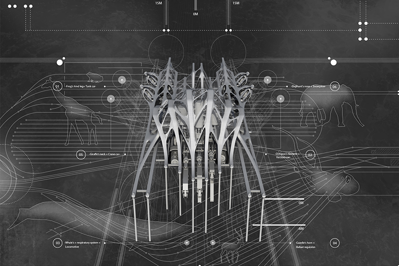 A diagram of a biomimetic structure with lines connecting it to the shapes of various animals, including a giraffe, an elephant, and octopus and a whale.