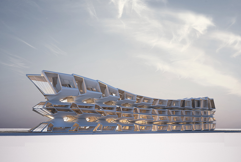 Side view of an architectural rendering placed on a white background