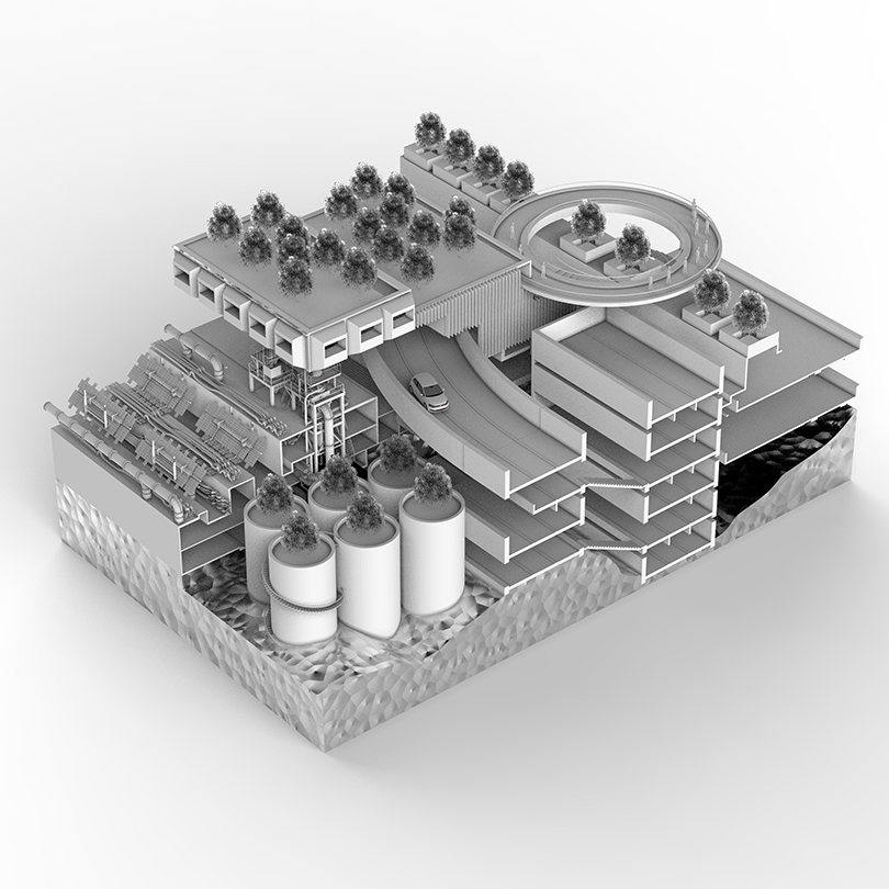 A grey 3D render of a large building with many levels, gardens, machinery and other areas.
