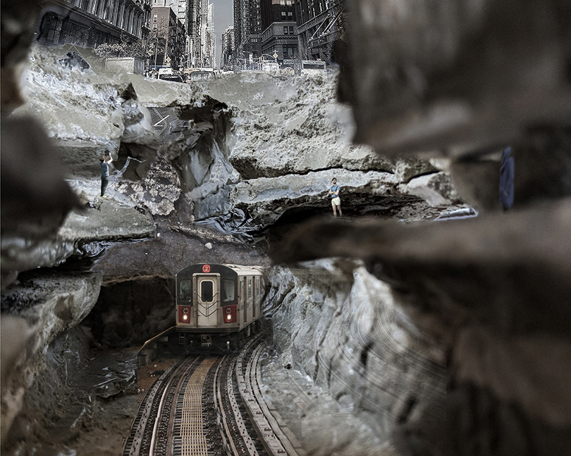Photo edit cutout of a subway system and the overlaying infrastructure, including rock, street and skyline