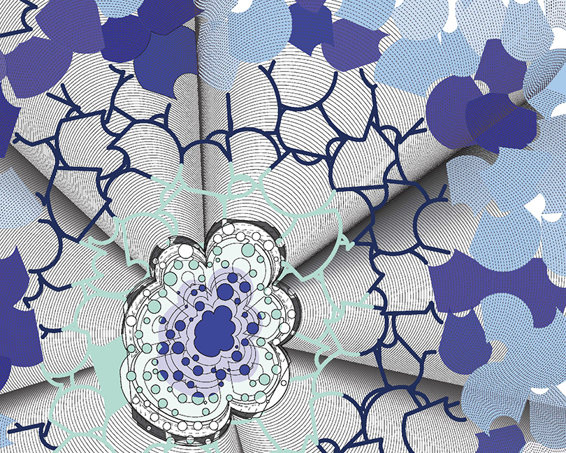 A wireframe design in teal, deep blue, white, black and grey