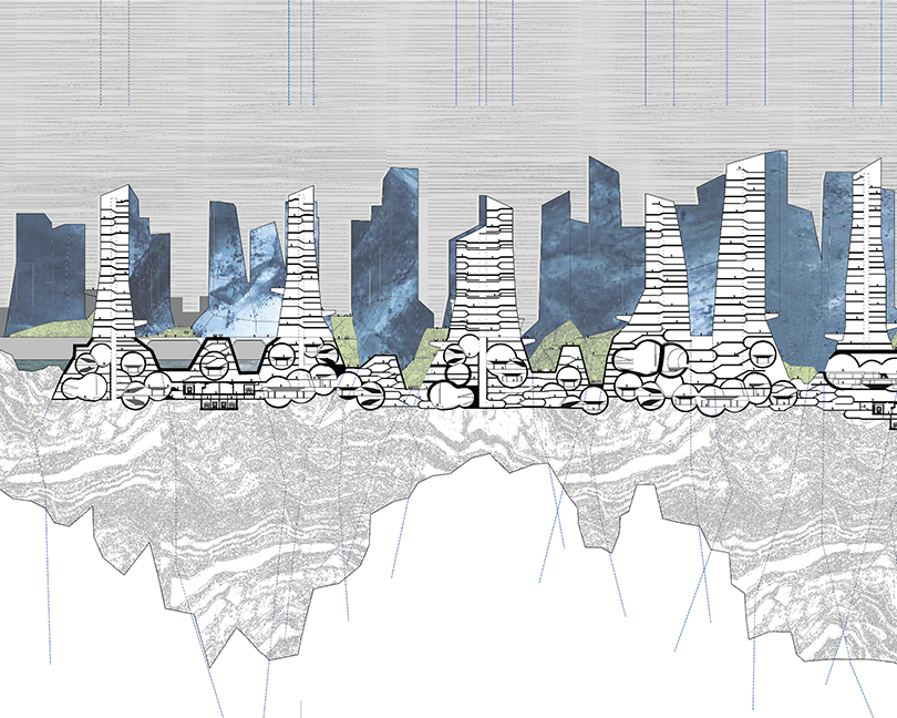 A 2D cutout sketch of a city skyline and underlying rocky layer.