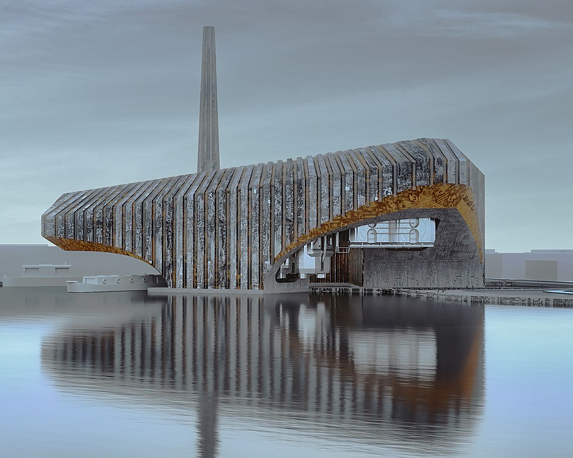 Side view of an architectural rendering placed on a water feature.