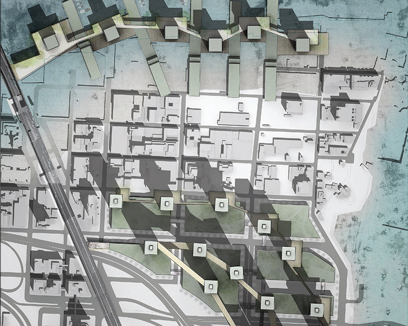 Birds eye view of a city planning render.