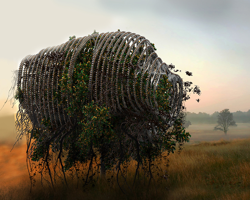 3D render of a metallic structure enclosing a tree in a grassy field.
