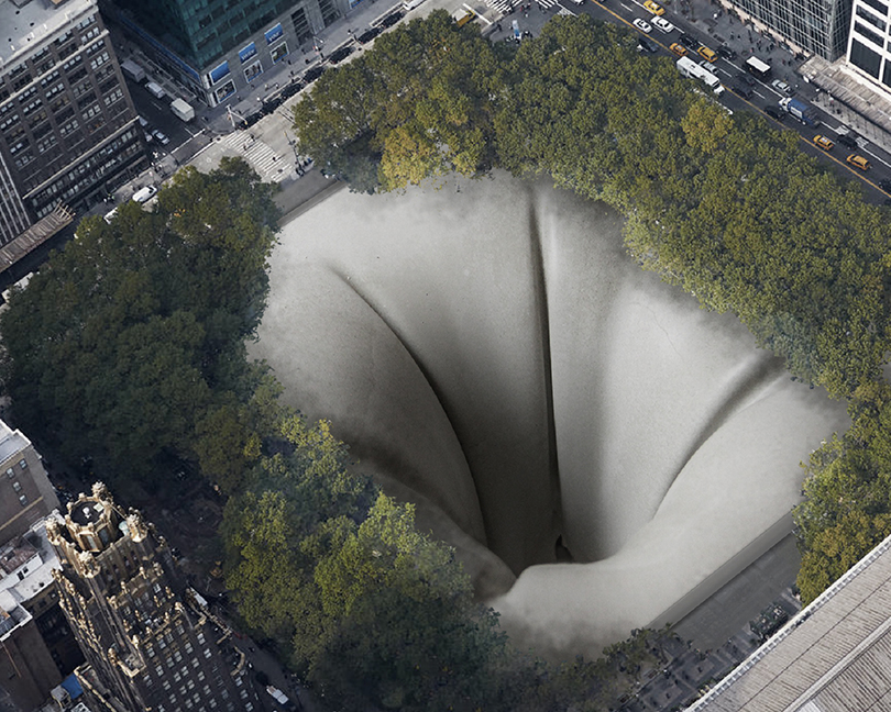 A 3D render from bird's eye view of a man made sink-hole inside a city park.