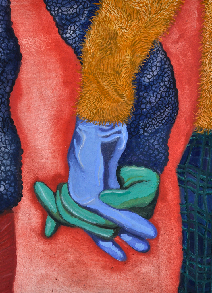 Painting of two gloved hands, one green and one blue, interlaced with one another