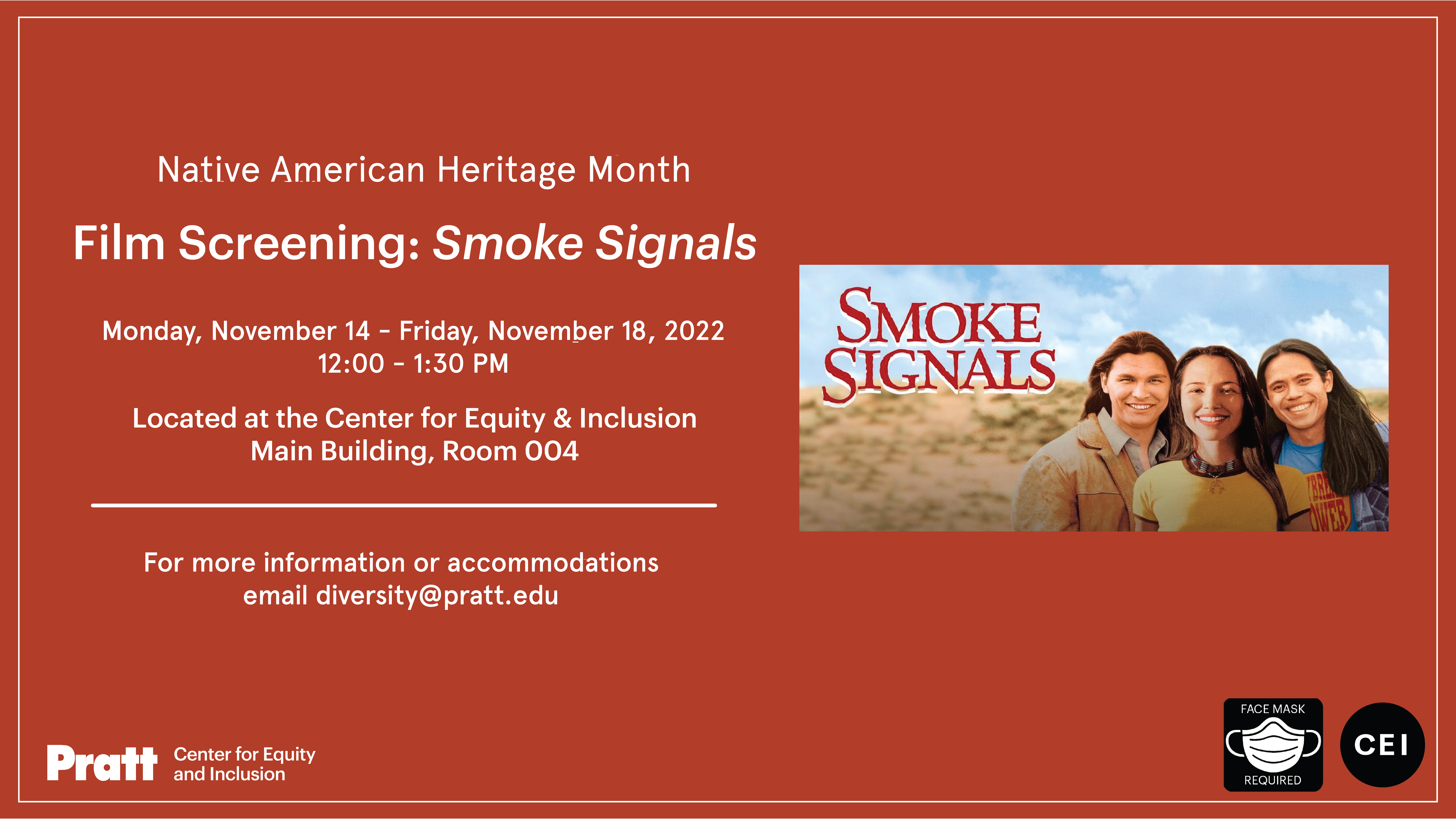 Poster with a redish-brown background with white font that reads