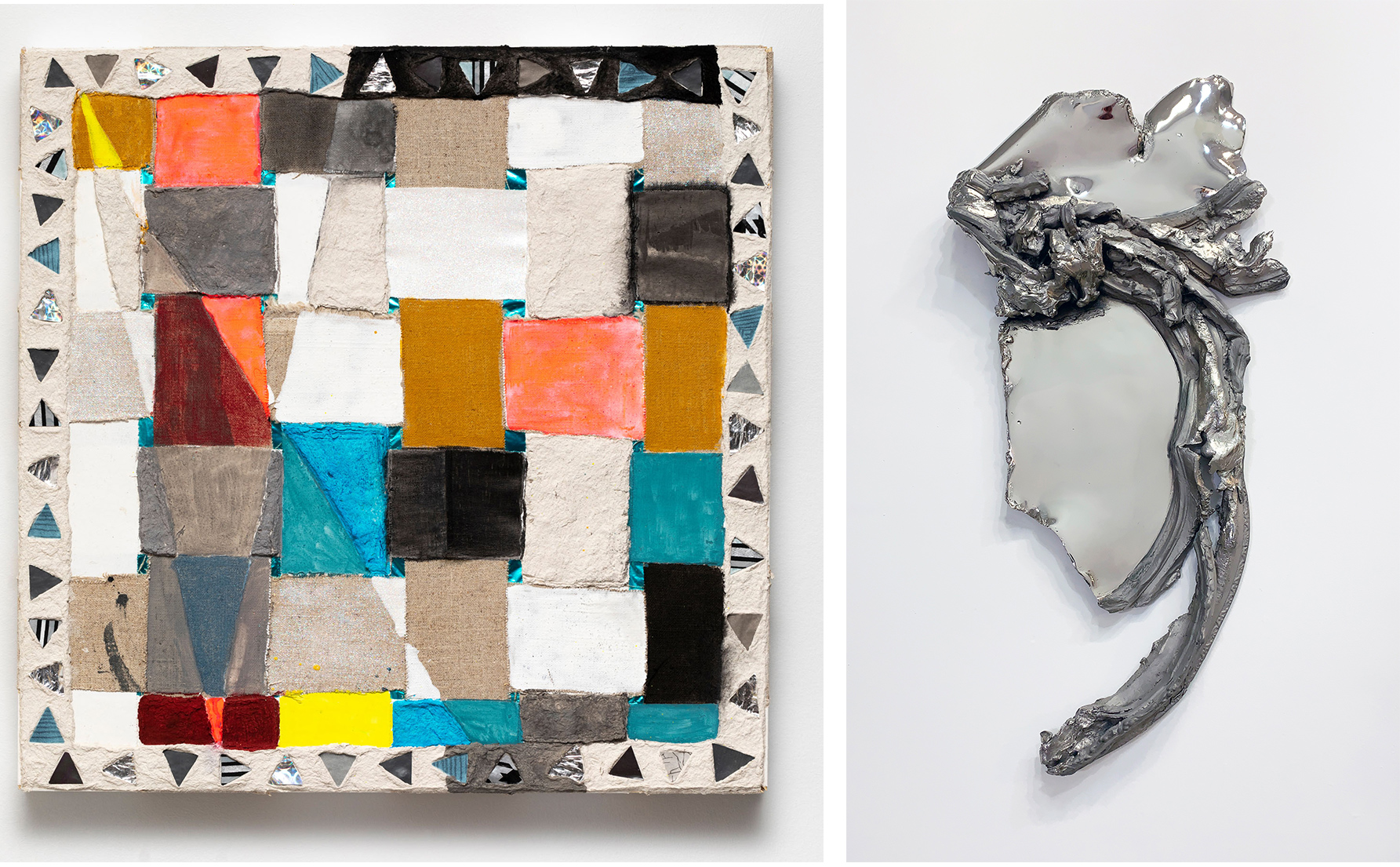 two artworks, made of reflective glass. One resembles a mosaic, the other resembles a slab of metal tied with metal rope, all one piece