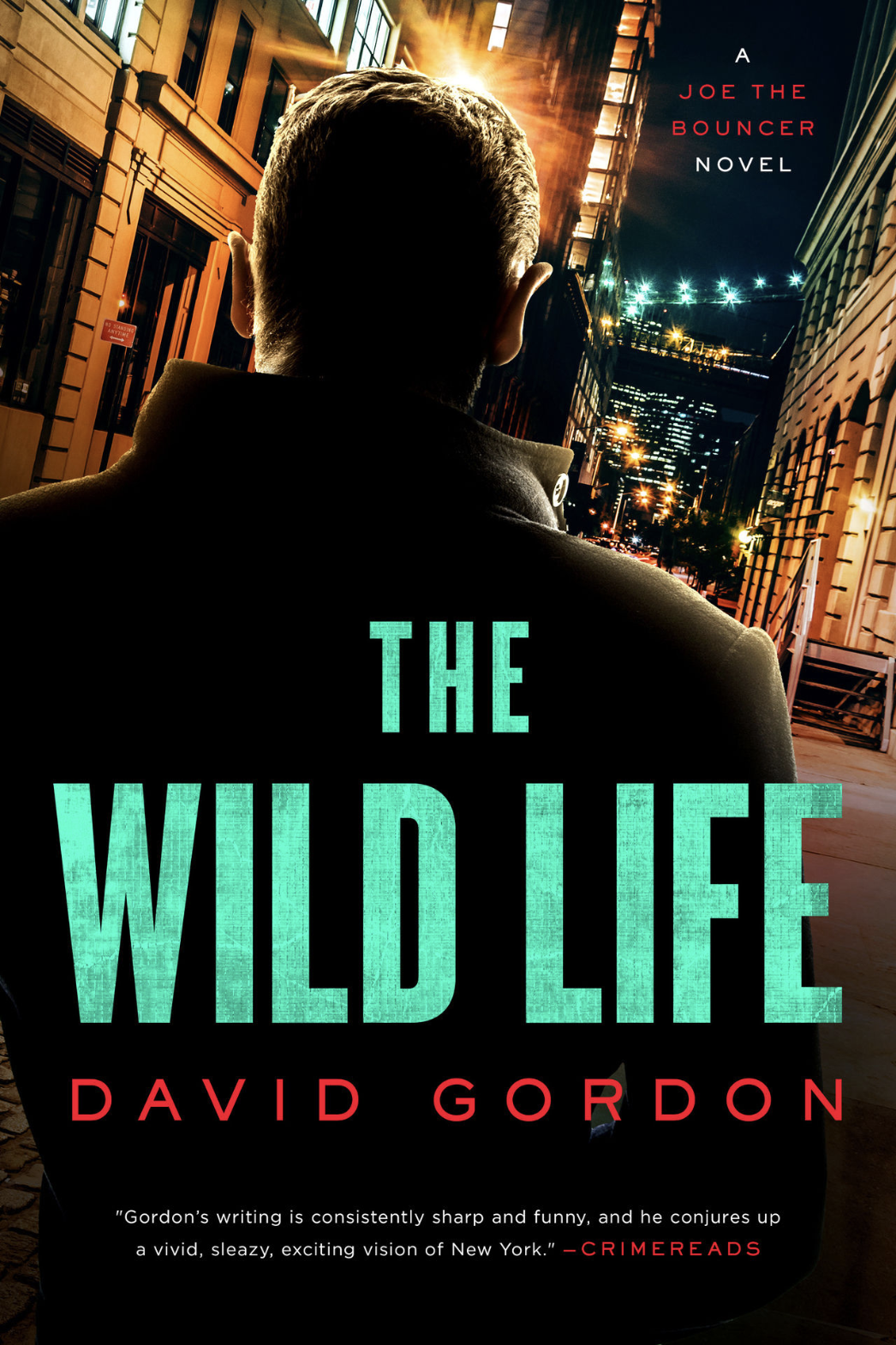 Book cover with text reading The Wild Life and figure shown from behind entering a narrow city street illuminated by streetlights