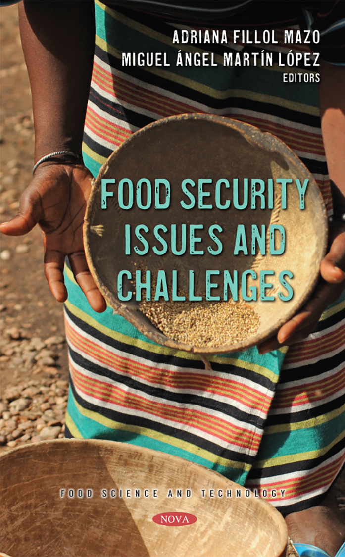 Book cover with text reading Food Security Issues and Challenges over photo of hands holding a wide empty bowl