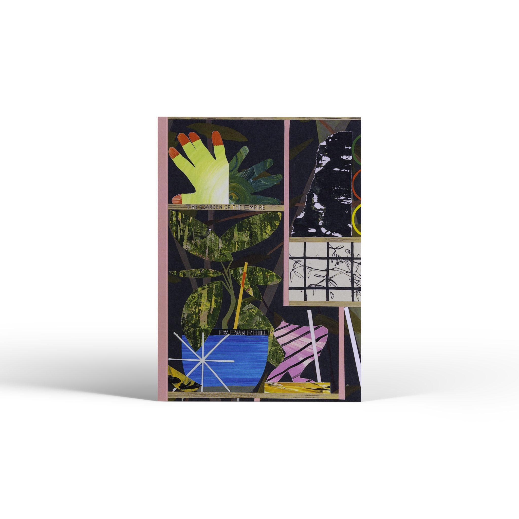 Book with colorful collage featuring reaching hands, plants, a star, and abstract shapes