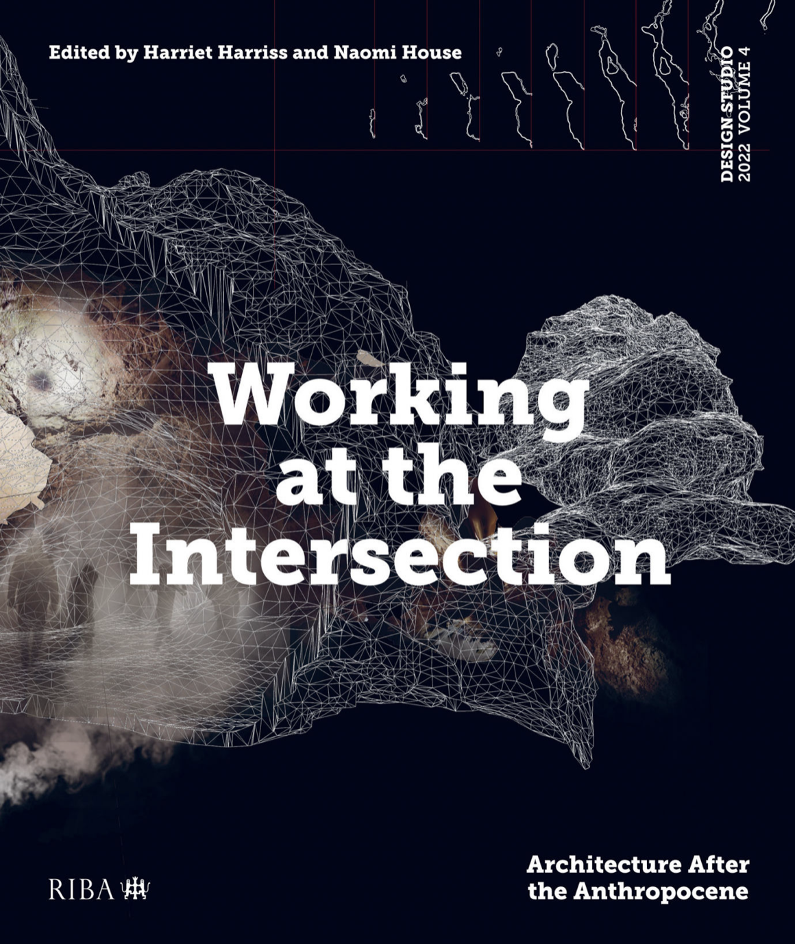 Book cover with text Working at the Intersection over composite illustration showing shadowy human figures in a smoky cavelike space overlaid with polyhedral model of hilly landscape