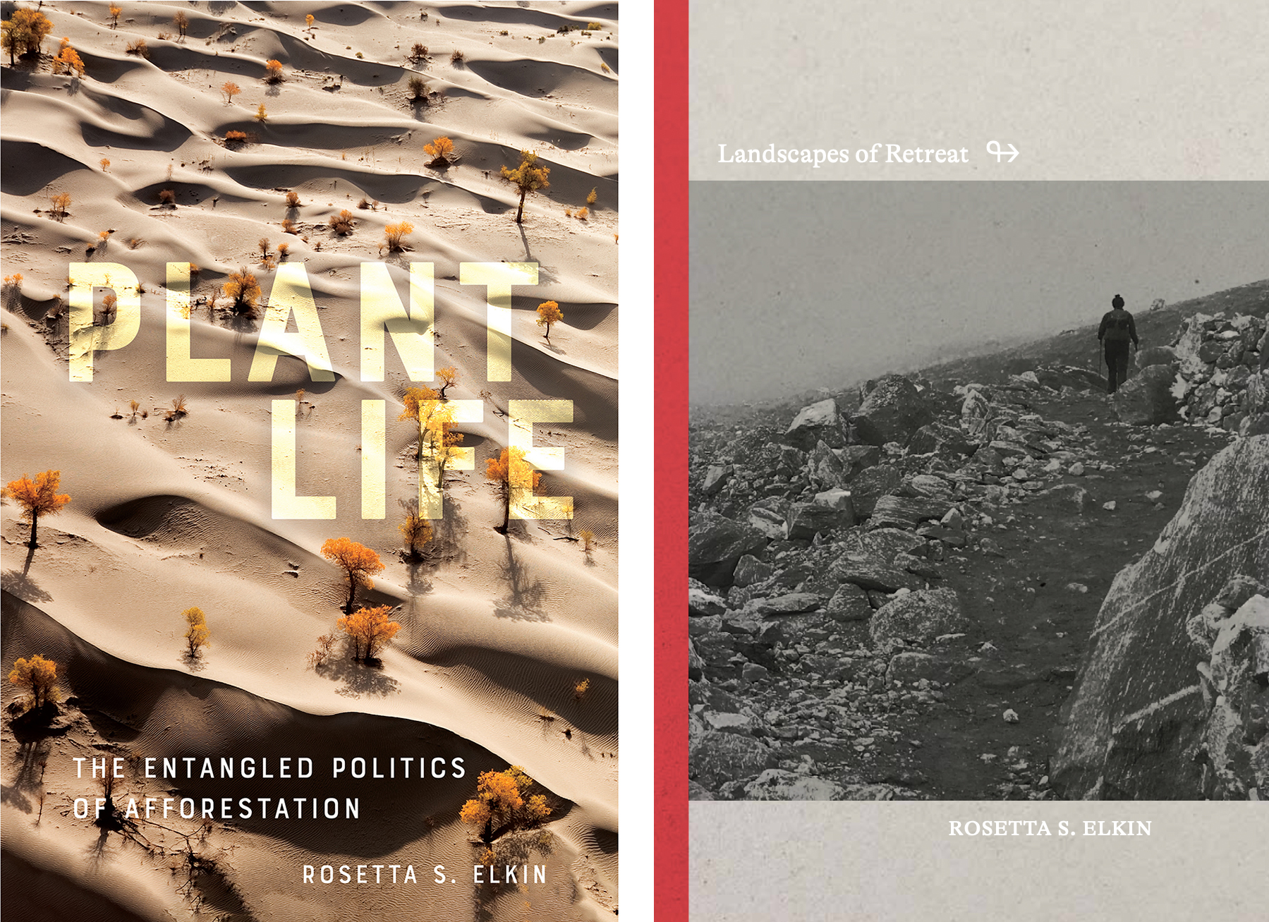 Two book covers for Plant Life and Landscapes of Retreat by Rosetta S. Elkin featuring photos of sandy and rocky landscapes
