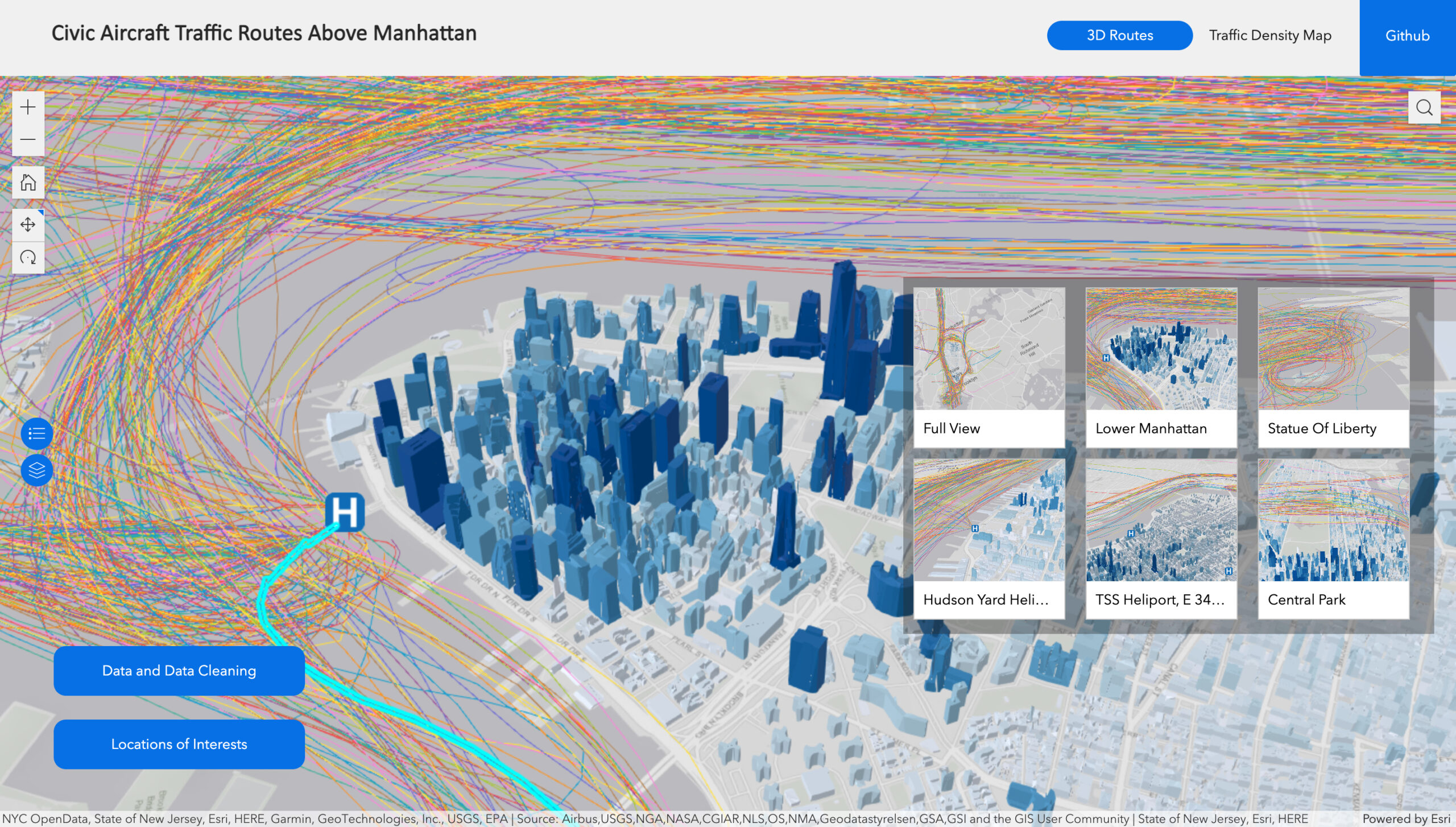 A screengrab of an interactive map of lower Manhattan showing different routes in the New York Harbor