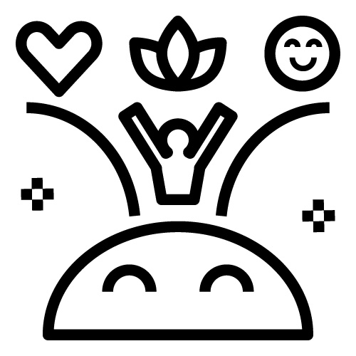 line art of icons depicting a heart, a flower, and a smiley face, with a icon of person under those, with open arms, above a smiling sun, with stars on each side